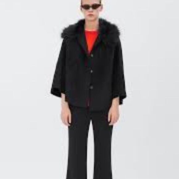 Zara Wool Blend Jacket Over Coat, Removable Fur Collar, Black, Wide Sleeve Sz M - Picture 12 of 13
